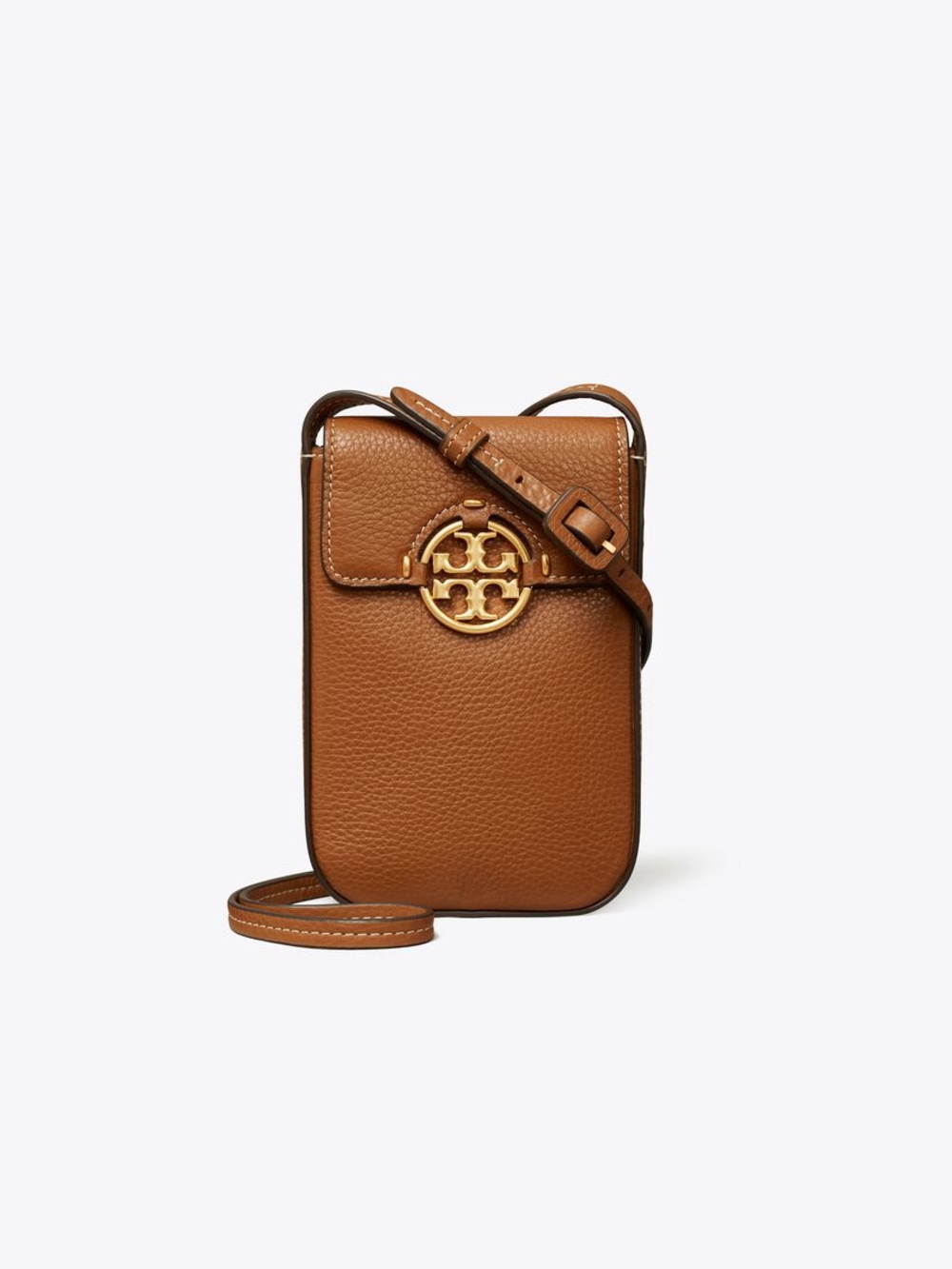 Tory Burch Chestnut Pebbled Leather Crossbody Phone Pouch with Gold Logo
